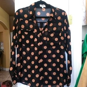 Express Portofino Black W/ Tan Polka Dots Blouse Sz L